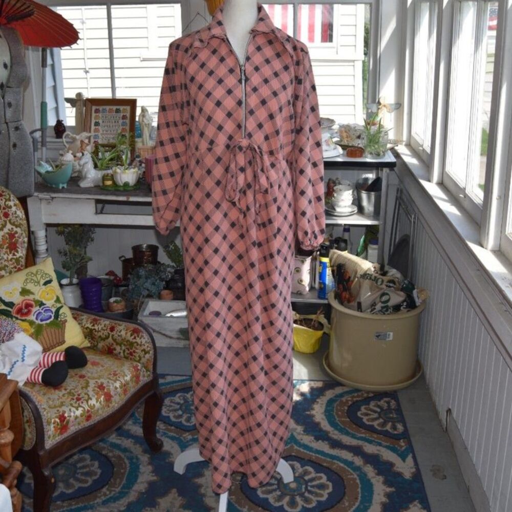Vintage 1970s Handmade Rayon Prairie Maxi Dress Salmon Plaid Boho L